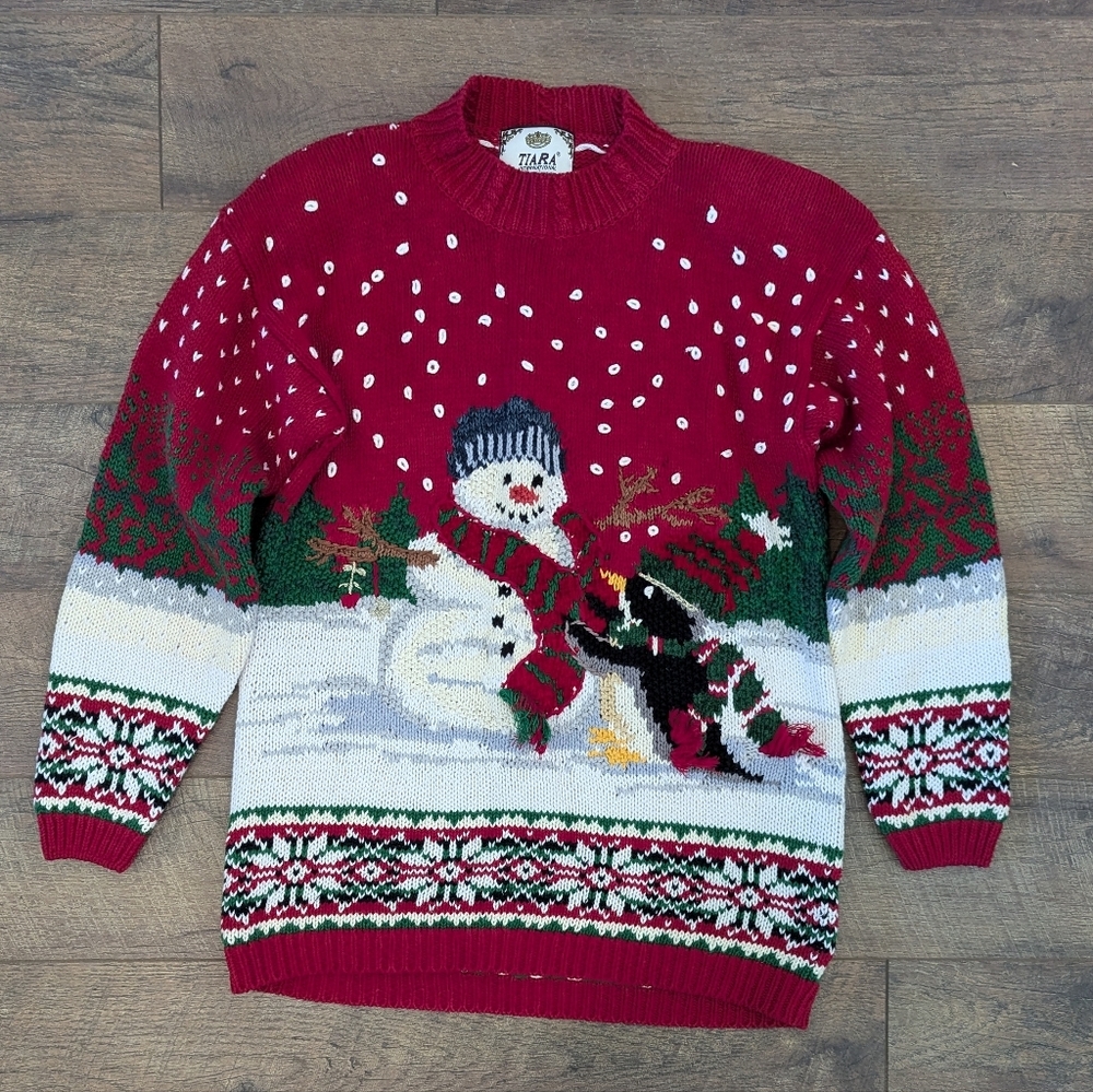 Vintage Embroidered Snowman Penguin‎ Christmas Sweater Fair Isle